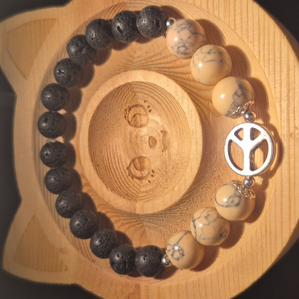 Pink magnesite with peace sign and lava beads